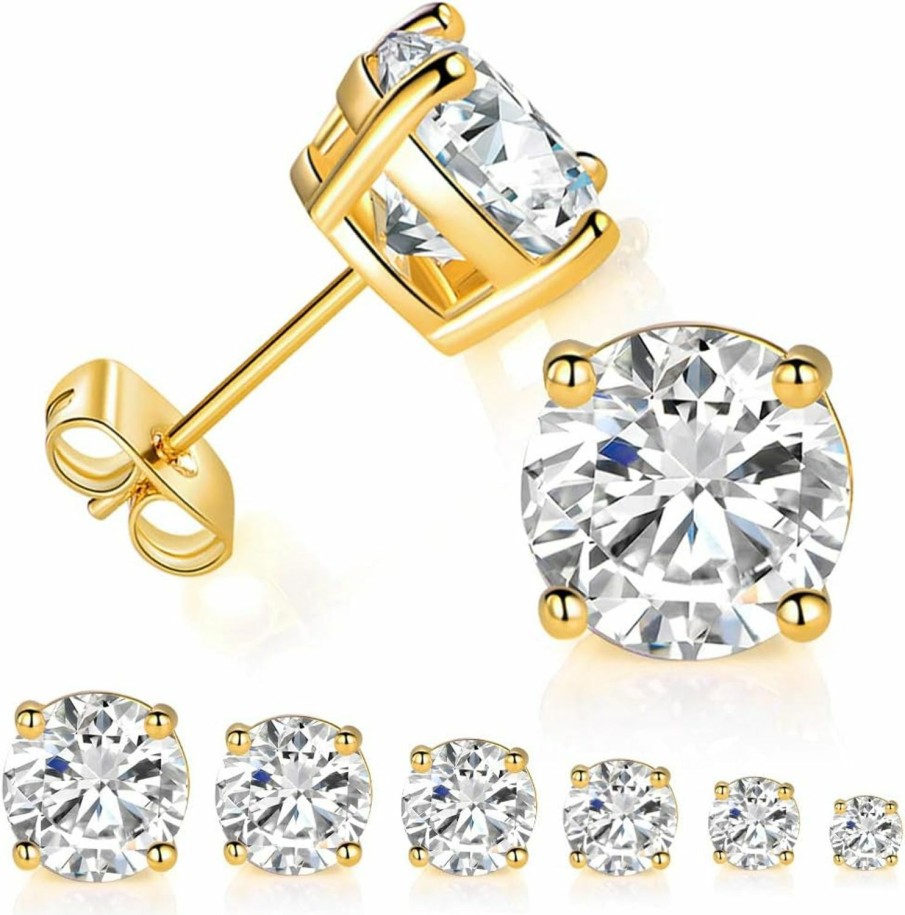 MDFUN 6 Pairs 14K Yellow Gold Plated Round Cut Clear Cubic Zirconia Stud Earring Pack | Earrings