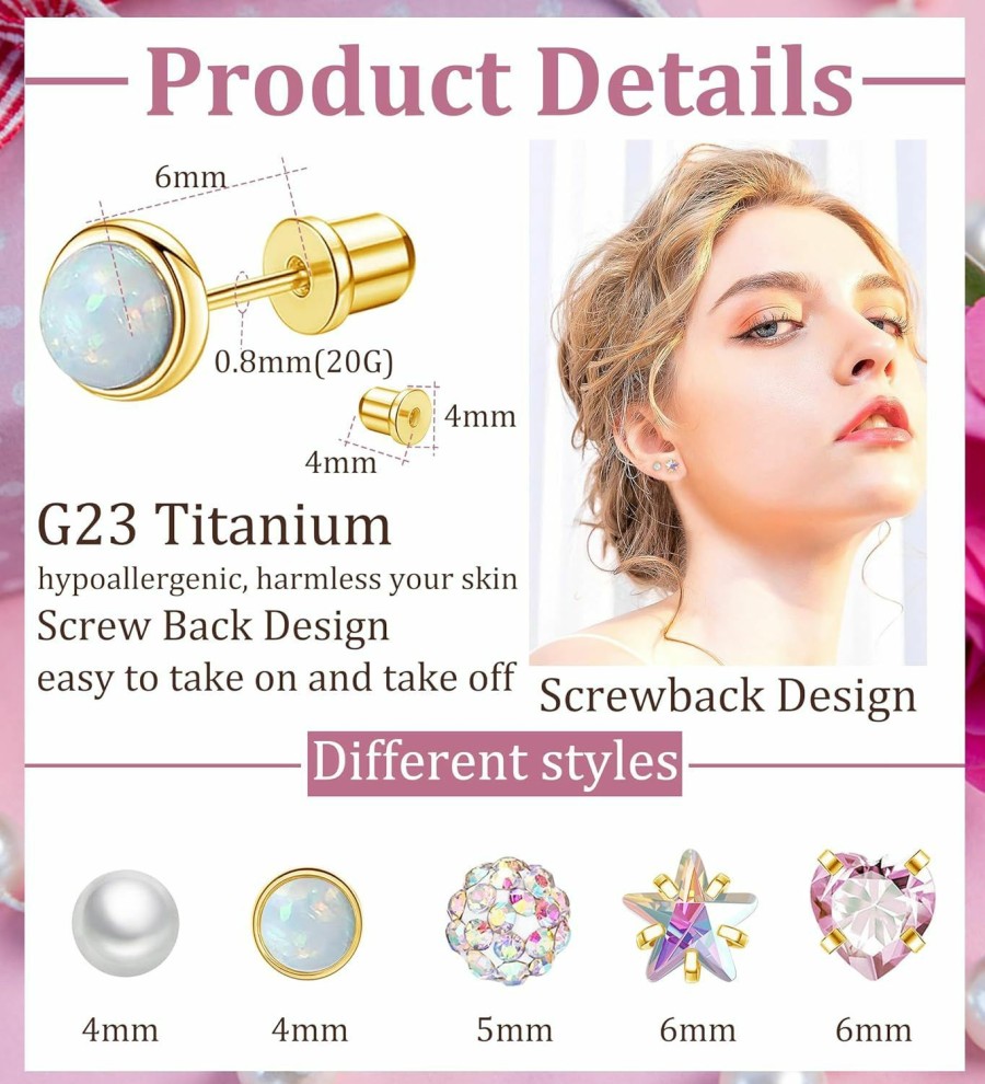 Staligue Staligue 5 Pairs Titanium Earrings For Sensitive Ears Hypoallergenic Screw Back Earrings For Girls Women Opal Pearl Heart Star Cz 20G Pure Titanium Screw On Earrings | Earrings