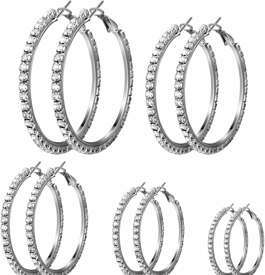 Kigeli 5 Pairs Large Crystal Hoop Earrings Set Big Shiny 3-7 Cm Round Party Earrings Lightweight Rhinestone Hoop Earrings For Women Jewelry | Earrings