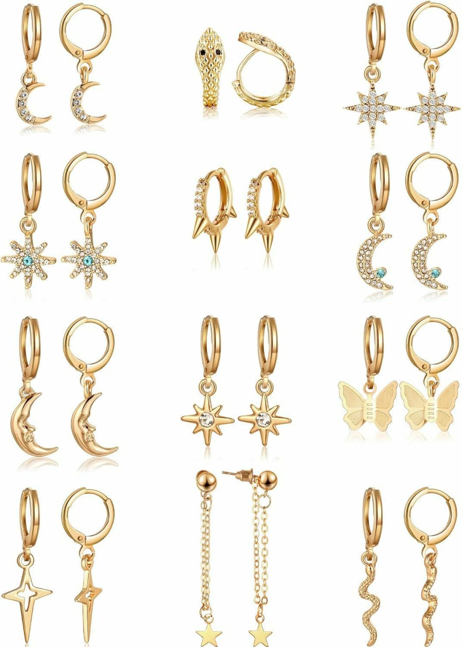 Hicarer 12 Pairs Dangle Hoop Earrings Aesthetic Huggie Earrings With Charms Small Drop Pendant Hoop Earrings For Women | Earrings