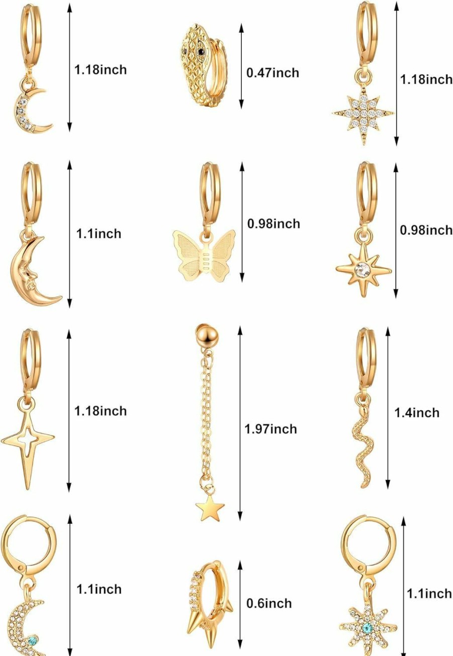 Hicarer 12 Pairs Dangle Hoop Earrings Aesthetic Huggie Earrings With Charms Small Drop Pendant Hoop Earrings For Women | Earrings