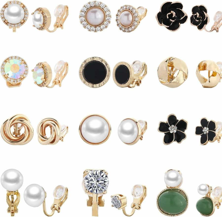 NEWITIN Newitin 12 Pairs Clip On Earrings For Women Cute Earrings Crystal Earrings Pearl Earrings Charming Fashion Earrings Non Piercing Clip On Earrings For Girls | Earrings