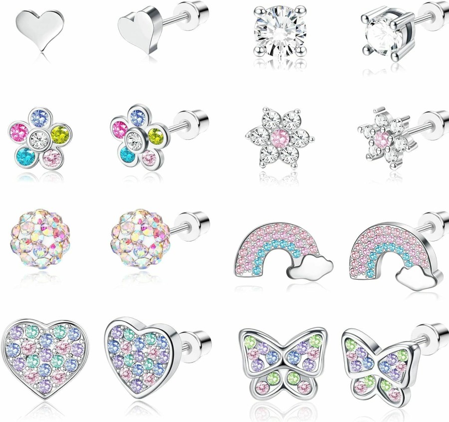 Jstyle Jstyle 8 Pairs Hypoallergenic Screwback Earrings For Girls Women 316L Stainless Steel Cz Heart Flower Butterfly Screw Back Stud Earring Set Mix Color | Earrings