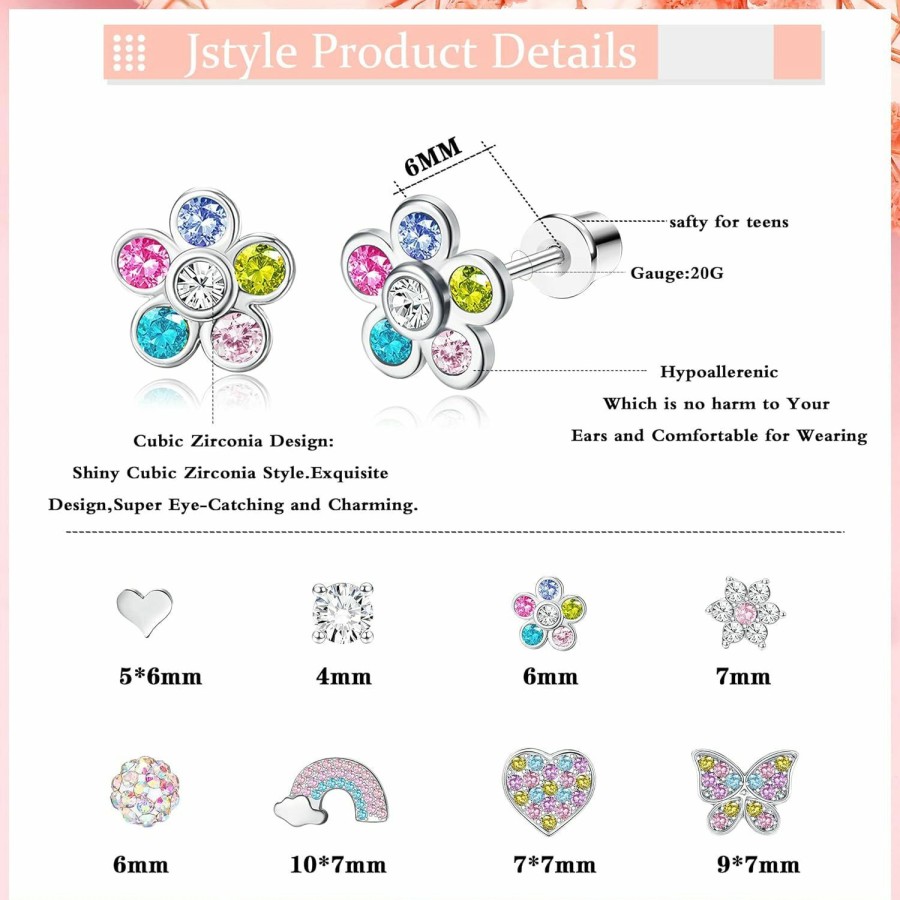 Jstyle Jstyle 8 Pairs Hypoallergenic Screwback Earrings For Girls Women 316L Stainless Steel Cz Heart Flower Butterfly Screw Back Stud Earring Set Mix Color | Earrings