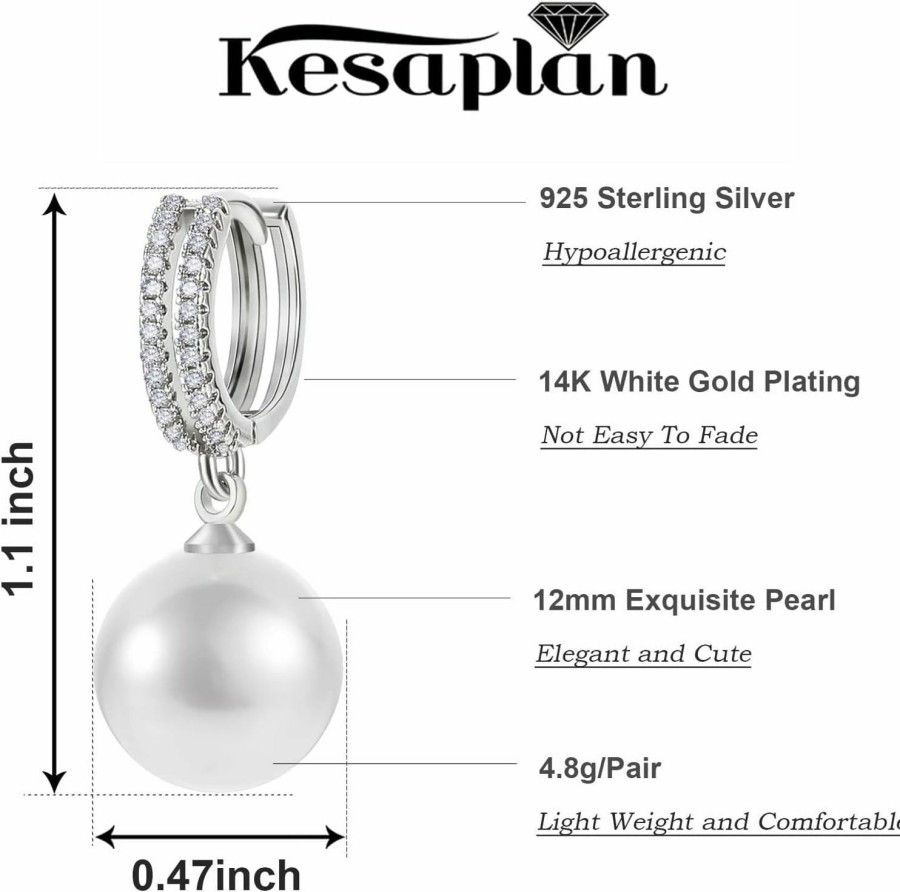 KesaPlan Kesaplan Pearl Earrings For Women Girls 14K Gold Plated Hypoallergenic Pearl Earrings 5A Cubic Zirconia Dangle Earrings Elegant Jewelry For Gifts | Earrings