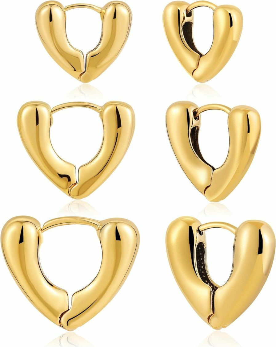 SLOONG Sloong 3Pairs Hoop Earrings Set 14K Gold Plated Lightweight Hypoallergenic Chunky Square Star Heart Twist Hoop Earrings Gold Rectangle Earring For Women Gift | Earrings