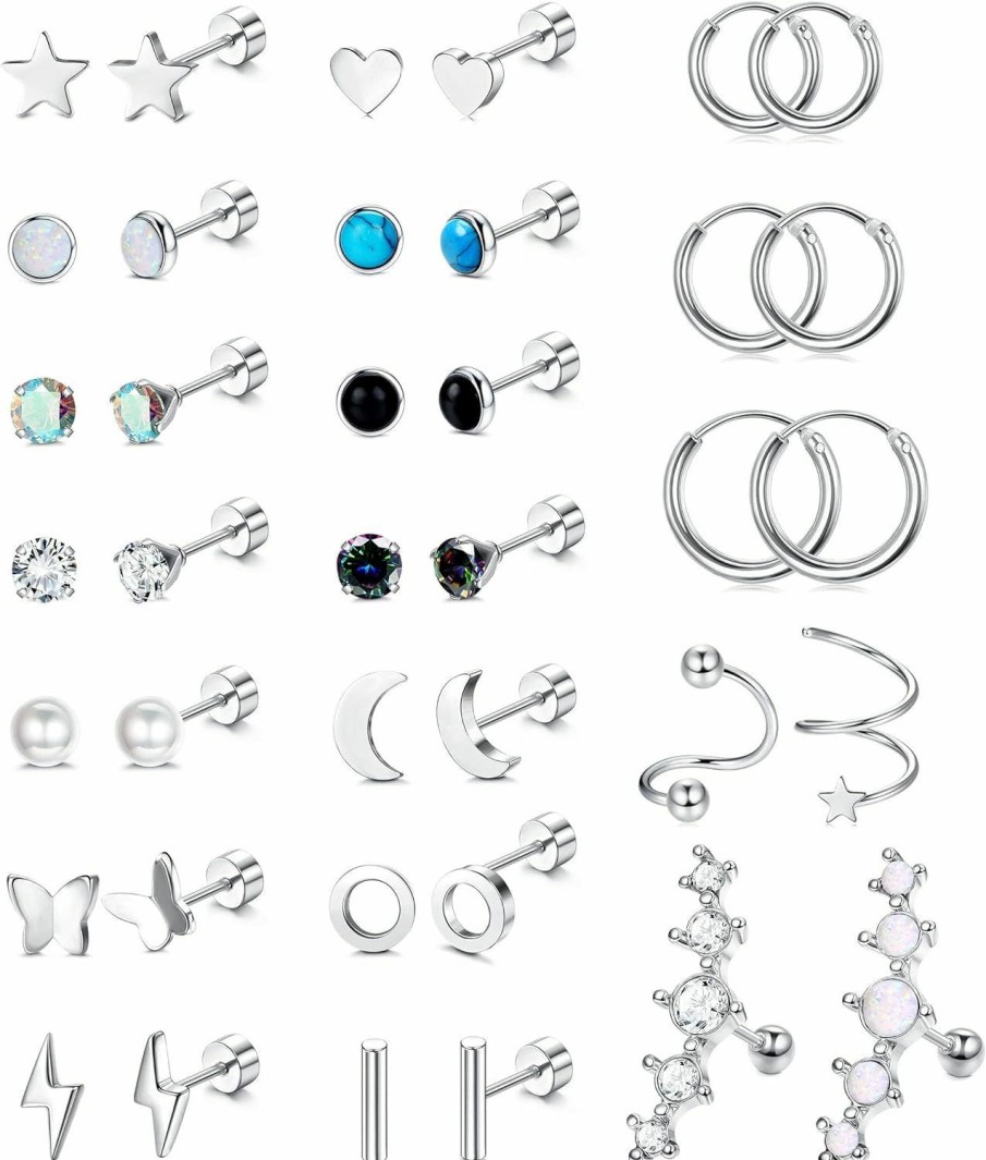 YADOCA Yadoca 19Pairs Hypoallergenic Surgical Steel Earrings For Women Men Flat Back Earrings Cartilage Earrings Stud Hoops Small Cz Heart Star Moon Opal Butterfly Helix Tragus Daith Flatback Earrings Piercing Jewelry 20G | Earrings