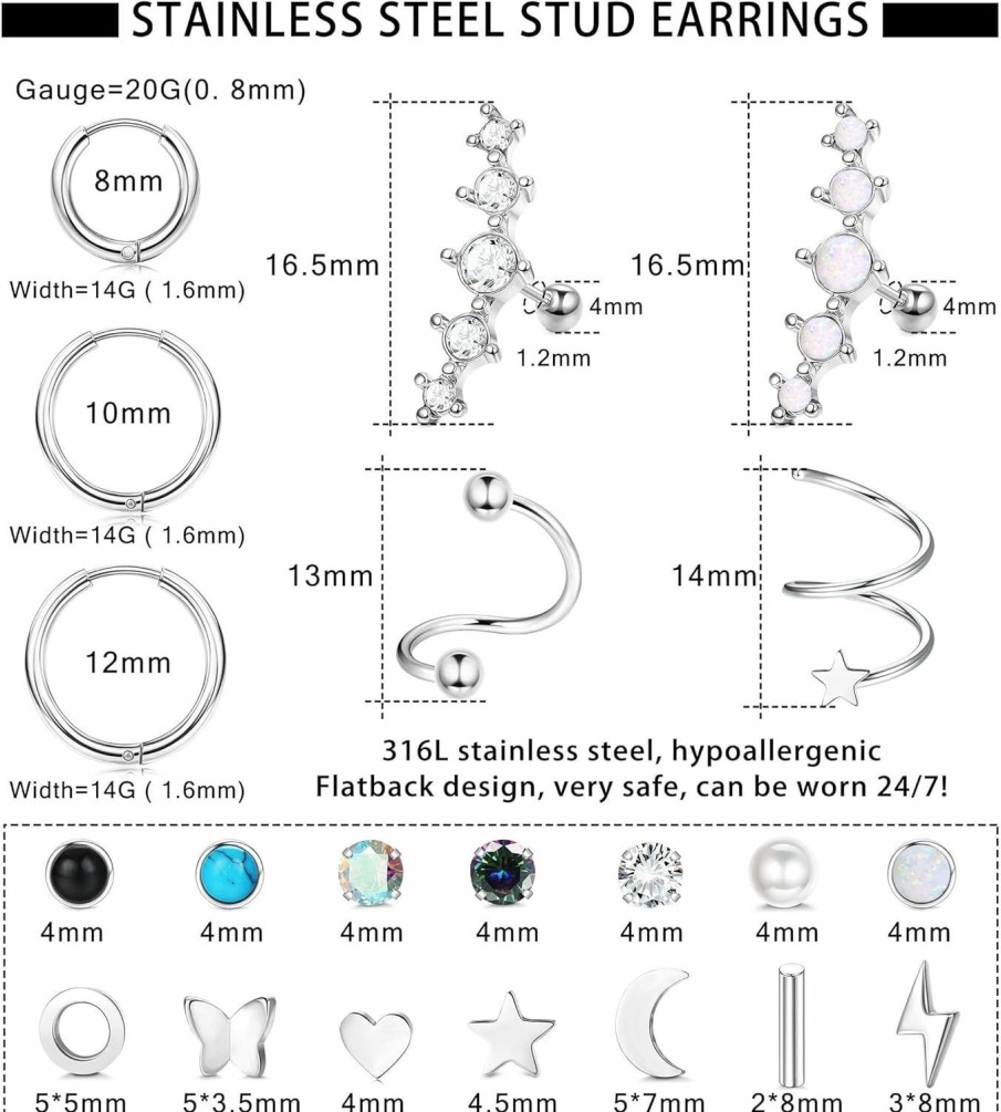 YADOCA Yadoca 19Pairs Hypoallergenic Surgical Steel Earrings For Women Men Flat Back Earrings Cartilage Earrings Stud Hoops Small Cz Heart Star Moon Opal Butterfly Helix Tragus Daith Flatback Earrings Piercing Jewelry 20G | Earrings