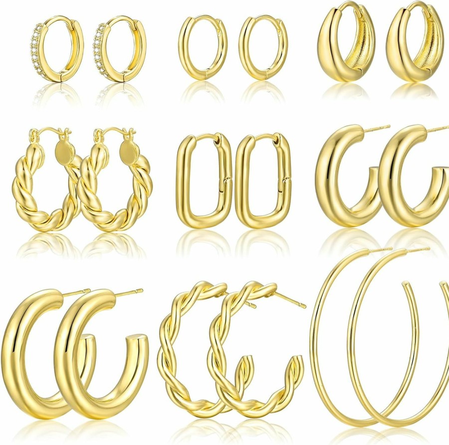 sroyte Sroyte 9 Pairs Gold Hoop Earrings For Women,14K Gold Plated Hoop Earrings Set For Women Hypoallergenic Lightweight Twisted Huggie Chunky Open Hoops Jewelry For Gift Trendy | Earrings