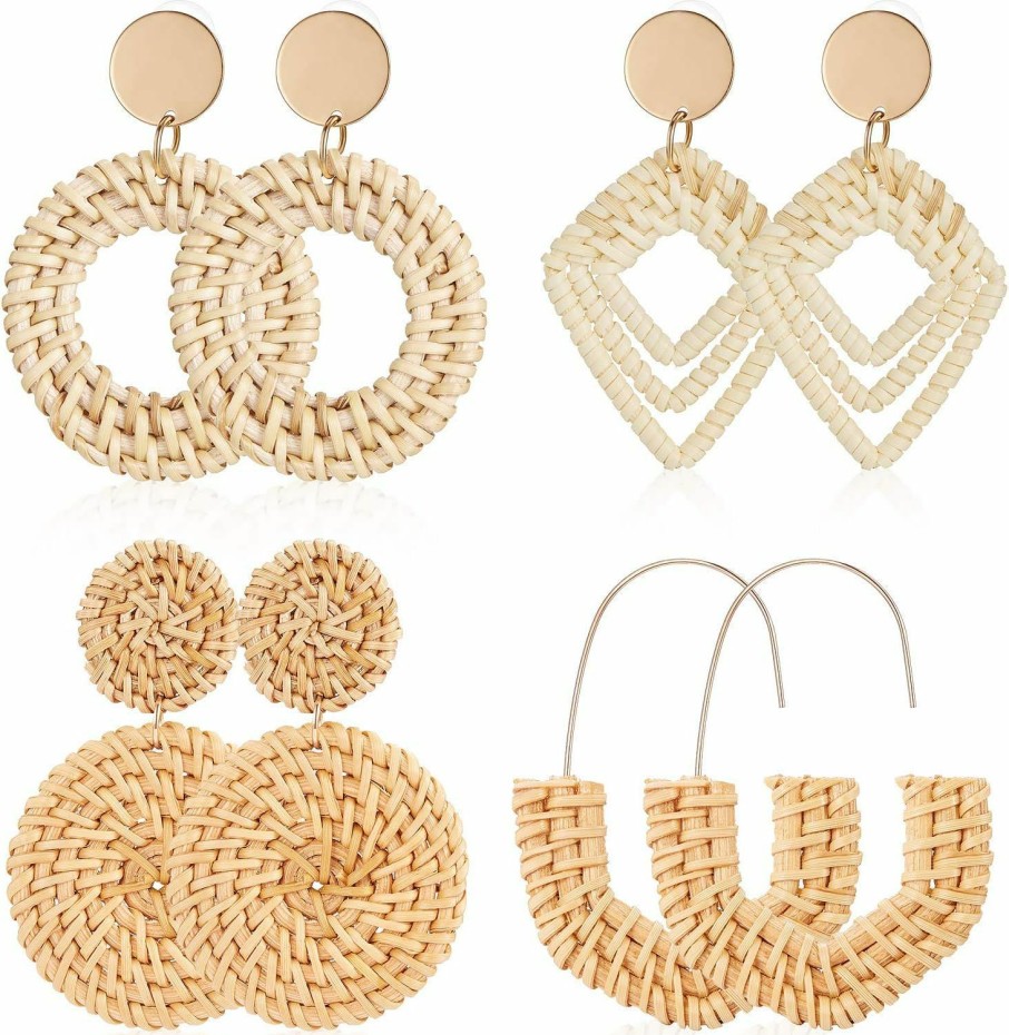 meekoo 4 Pairs Rattan Earrings Lightweight Geometric Statement Tassel Woven Bohemian Earrings Handmade Straw Wicker Braid Hoop Drop Dangle Earrings For Women Girls (Style B) | Earrings