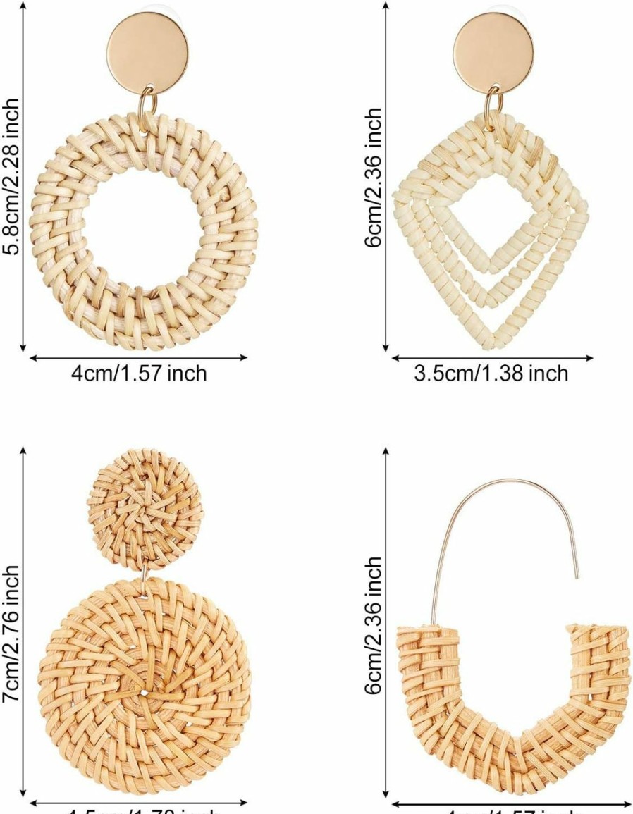 meekoo 4 Pairs Rattan Earrings Lightweight Geometric Statement Tassel Woven Bohemian Earrings Handmade Straw Wicker Braid Hoop Drop Dangle Earrings For Women Girls (Style B) | Earrings