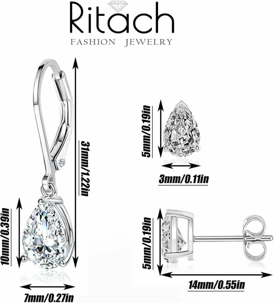 Ritach 925 Sterling Silver Drop Earrings For Women Princess Teardrop 5A Cubic Zirconia Earrings Hypoallergenic Dangle Earrings For Wedding | Earrings