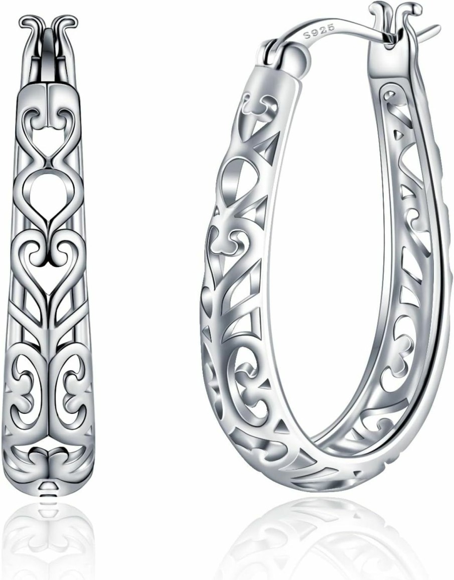 JSGEMSLEE Jsgemslee Vintage Filigree Hoop Earrings 925 Sterling Silver Lightweight Oval Hoop Earrings For Women Hypoallergenic Earrings | Earrings