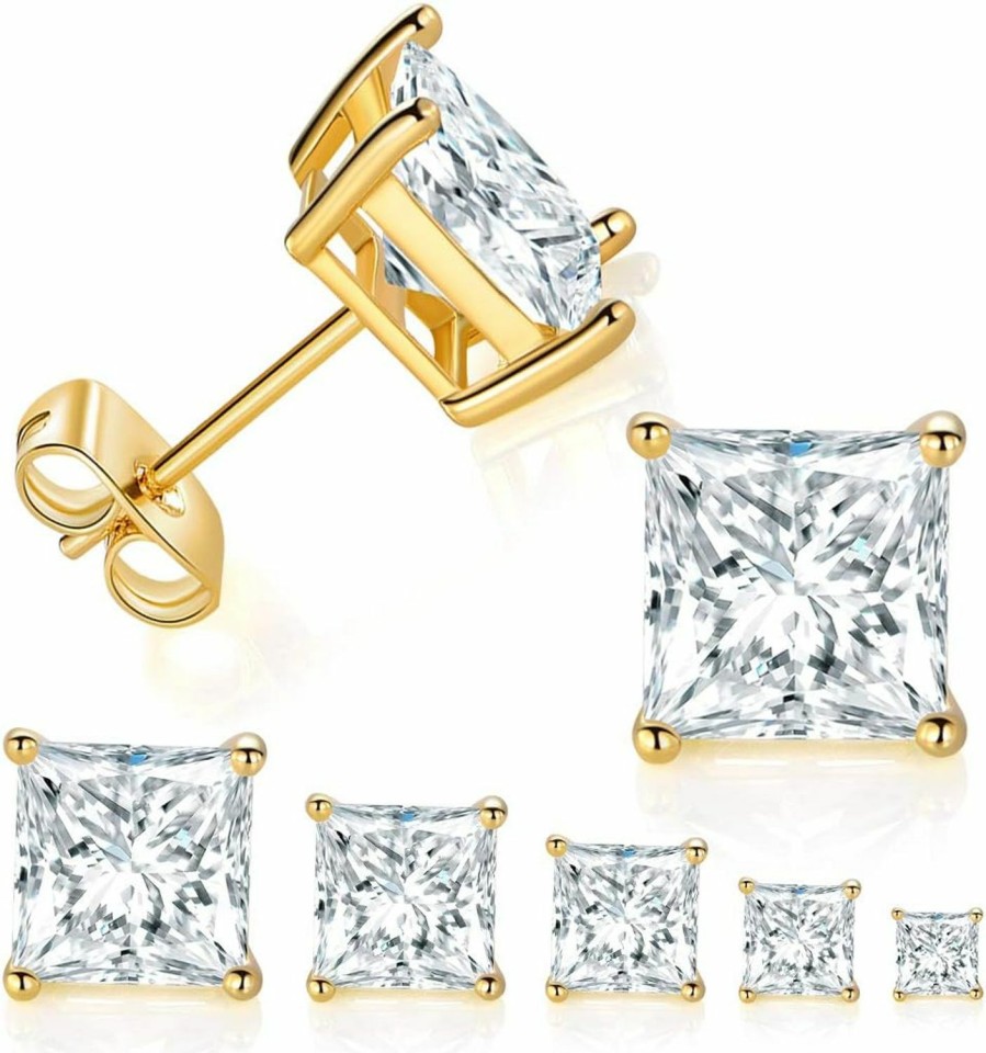 MDFUN 5 Pairs 14K Yellow Gold Plated Princess Cut Clear Cubic Zirconia Stud Earring Set | Earrings