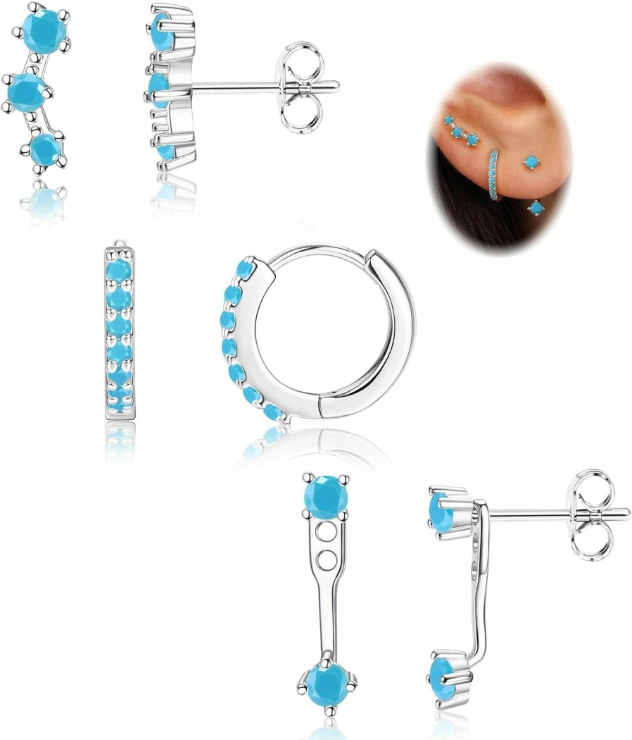 FIASASO Fiasaso 3 Pairs Sterling Silver Stud Hoop Earrings Set For Women Teen 925 Sterling Silver Cartilage Earrings Stud Earring Huggie Earrings Set | Earrings