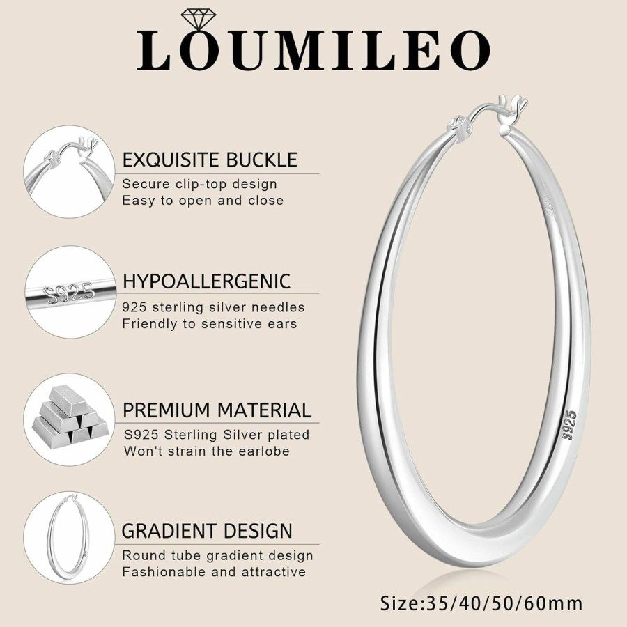 LOUMILEO Loumileo 925 Sterling Silver Hoop Earrings Large Silver Hoop Earrings For Women Hypoallergenic Big Silver Hoop Earrings Lightweight Chunky Silver Hoops Earrings For Women (35/40/50/60Mm) | Earrings