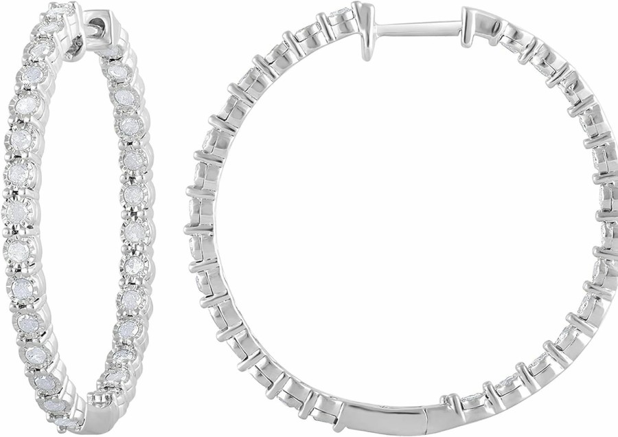 La4ve Diamonds La4Ve Diamonds 1.00 Carat Miracle-Plated Inside-Out Natural Diamond Hinge-Back Round Hoop Earrings (J-K, I3) In Sterling Silver | Fine Jewelry For Women Girls| Gift Box Included | Earrings