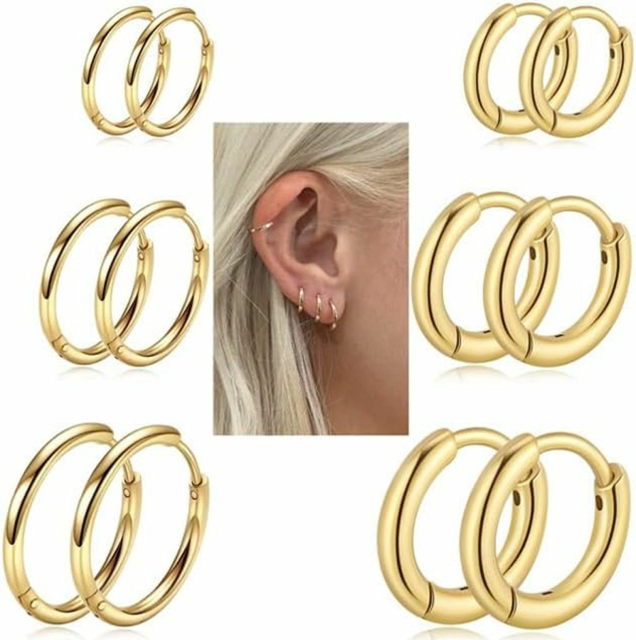 Sweetkiki Sweetkiki 6 Pairs Small Gold Hoop Earrings Set, Tiny Huggie Earrings In 14K Gold Plated, 24/7 Leightweight Cartilage Hoop Earring For Women Men Hypoallergenic | Earrings