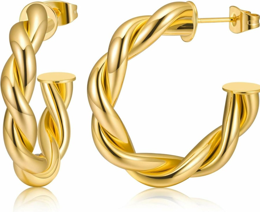 NOKMIT Nokmit Twisted Hoop Earrings For Women 18K Gold Plated Open Thick Rope Round Chunky Hoops Lightweight High Polished Gold Hoop Earrings Gifts | Earrings