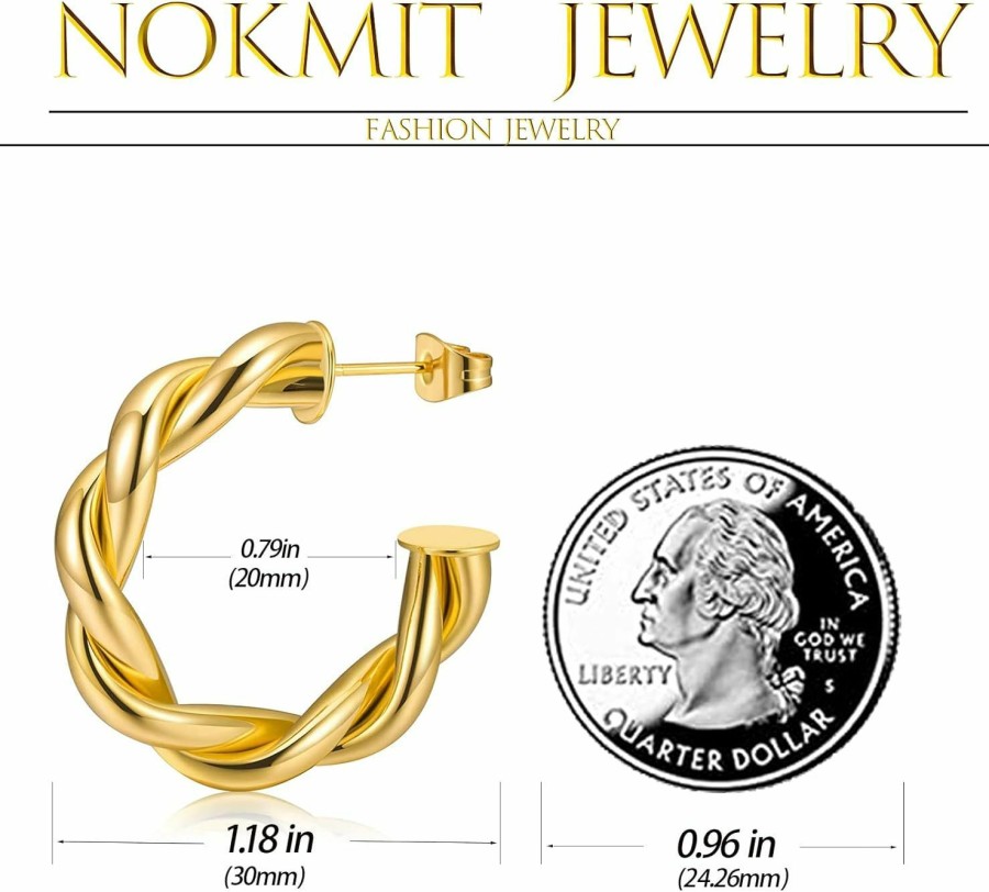 NOKMIT Nokmit Twisted Hoop Earrings For Women 18K Gold Plated Open Thick Rope Round Chunky Hoops Lightweight High Polished Gold Hoop Earrings Gifts | Earrings