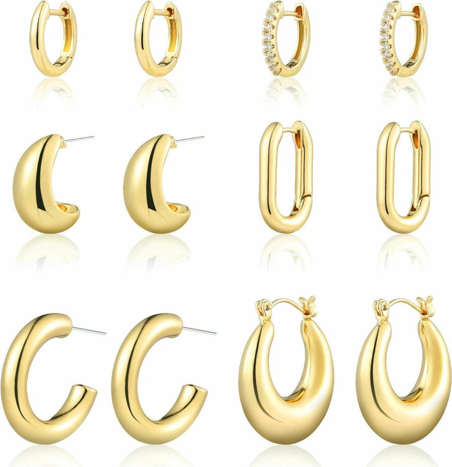 wgoud Wgoud 6 Pairs Gold Hoop Earrings Set For Women, 14K Gold Plated Hypoallergenic Lightweight Chunky Open Huggie Hoops Earrings Jewelry For Gift. | Earrings