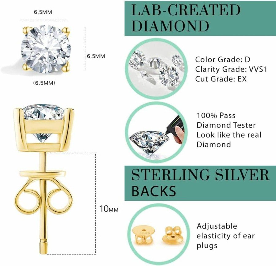 Anbamahong Anbamahong Moissanite Earrings Lab Created Diamond 925 Sterling Silver Stud For Men Women Jewelry Gifts | Earrings