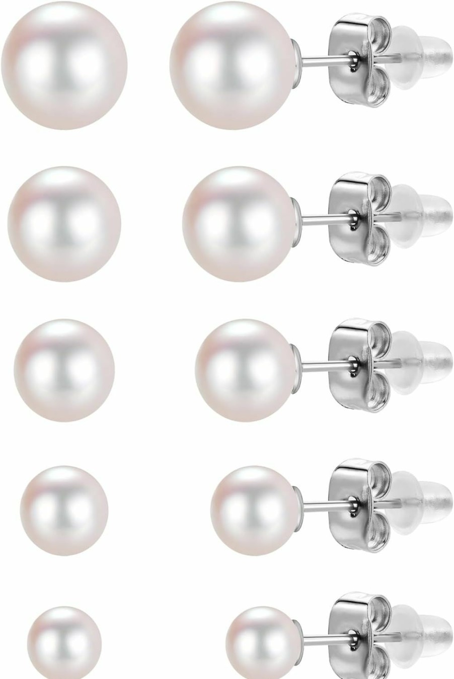 AIBEIOU 5 Pairs Pearl Earrings For Women Hypoallergenic Ball Studs Earrings Set Women 316L Surgical Steel Silver Pearl Earrings Birthday Valentines Day Gifts | Earrings