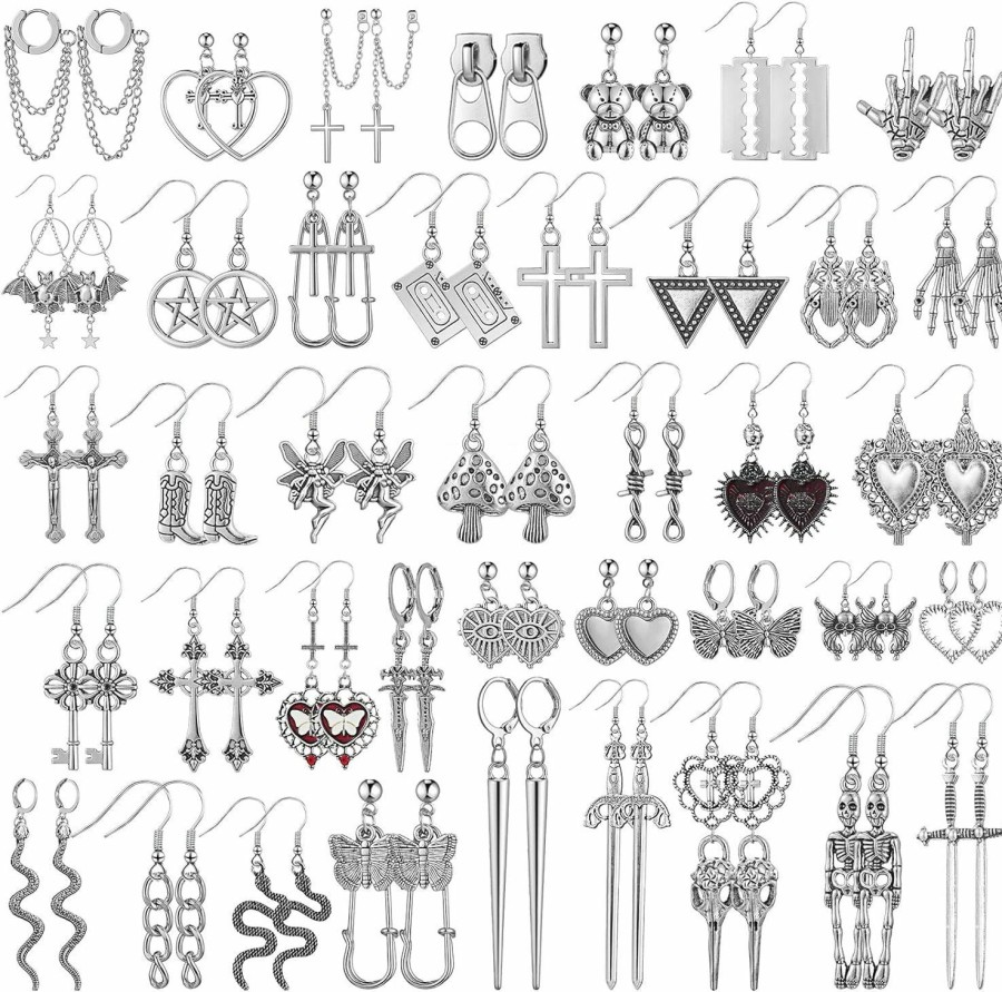 Yinkin 40 Pairs Goth Earrings Set Grunge Punk Rock Dangle Earrings Gothic Y2K Jewelry Silver Bat Cross Snake Skull Earrings For Women Girls | Earrings