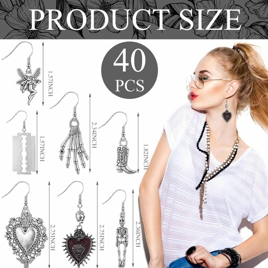 Yinkin 40 Pairs Goth Earrings Set Grunge Punk Rock Dangle Earrings Gothic Y2K Jewelry Silver Bat Cross Snake Skull Earrings For Women Girls | Earrings