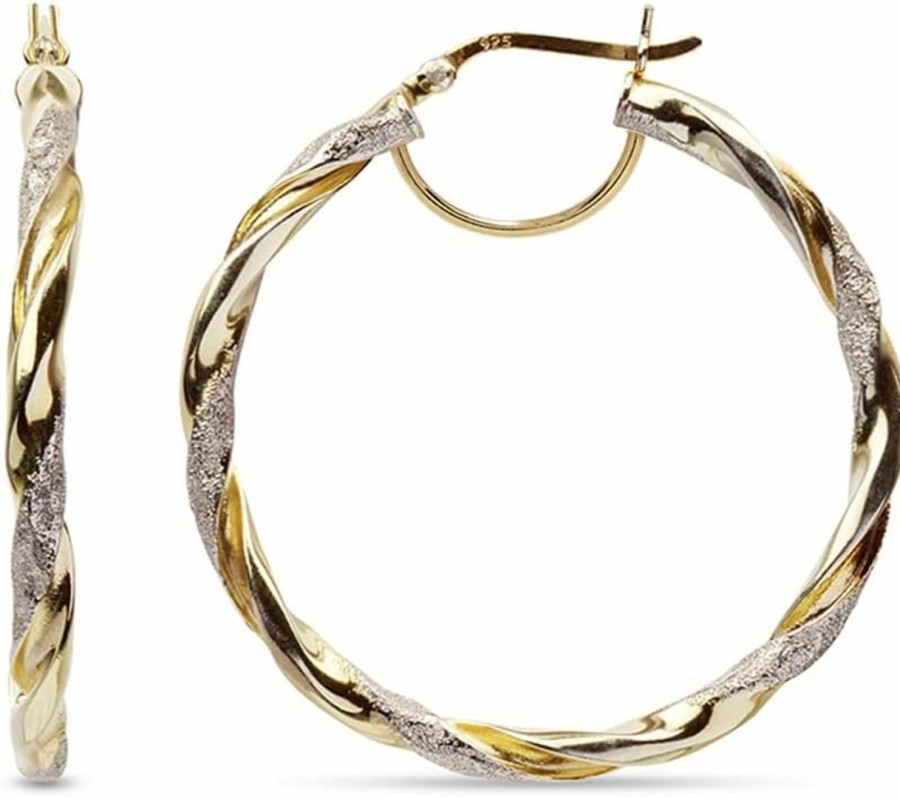 LeCalla Lecalla Real 925 Sterling Silver Textured Two-Tone Three-Tone 14K Gold Plated Lightweight Italian Design Hoop Earrings For Women Diameter 25,30,40,45,50Mm | Earrings