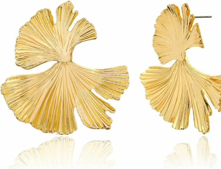 LOKLIFFAI Lokliffai Ginkgo Leaf Flower Earrings, Gold Geometric Statement Earring For Women Girls, 14K Gold Plated Big Fashion Design Boho Drop Dangle Earrings Jewelry Gift | Earrings